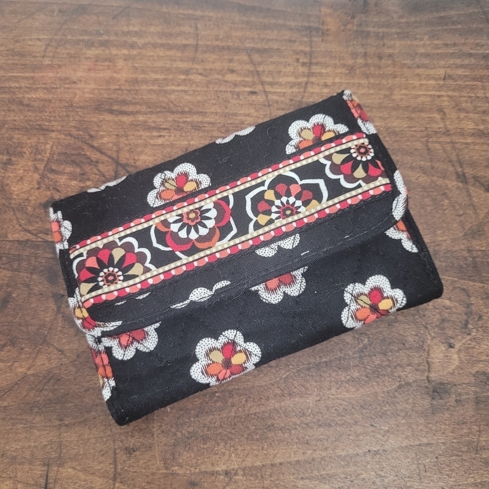 Vera Bradley Wallet Women's Purse Small Black Tri Fold Floral Pirouette Euro